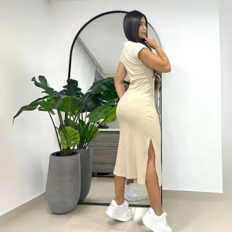 Vestido Rib Midi con Abertura Lateral – Moda Chic y Versátil