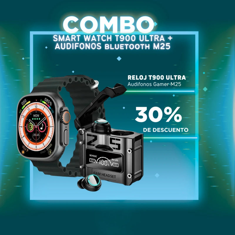 Combo Smartwatch T900 Ultra 2 Max + Audífonos M25 Inalámbricos