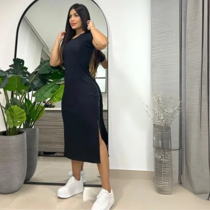 Vestido Rib Midi con Abertura Lateral – Moda Chic y Versátil