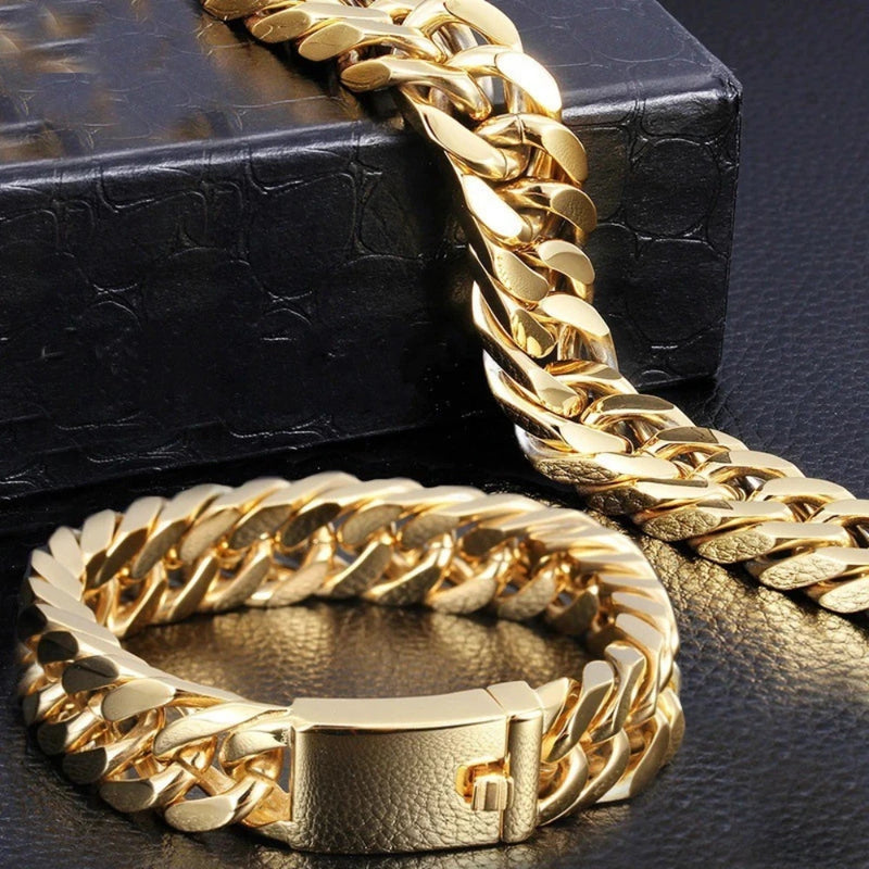 Pulsera Cubana de Acero Inoxidable Dorada para Hombre