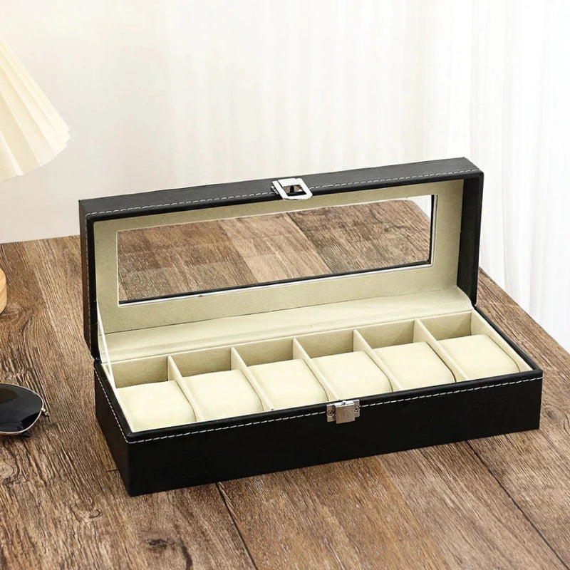 Organizador de Relojes X6 en Cuero Sintético con Tapa de Cristal