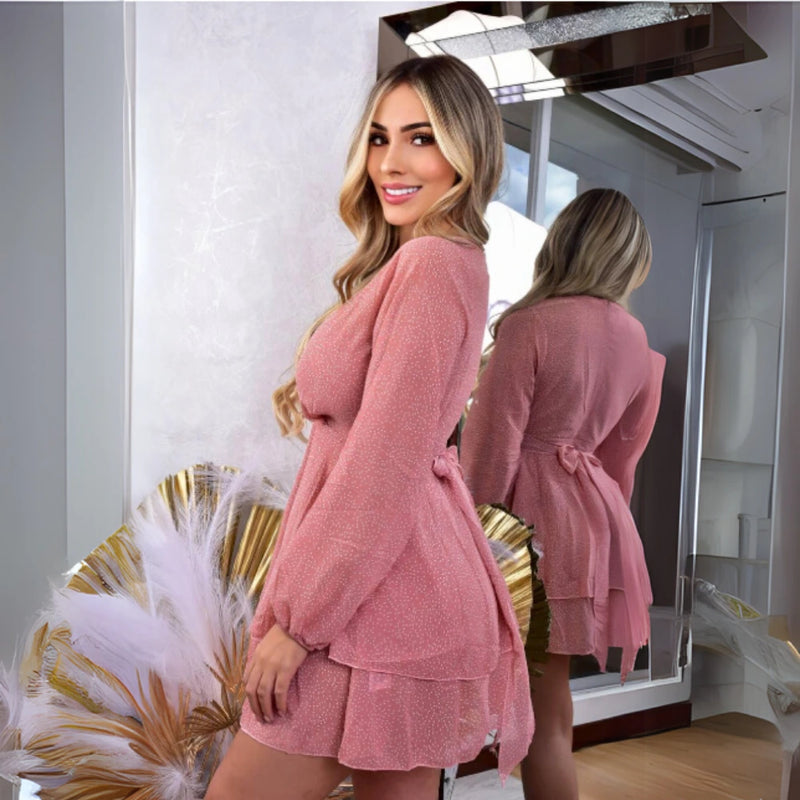 Vestido Corto de Seda con Manga Larga y Cinturón – Estilo Versátil