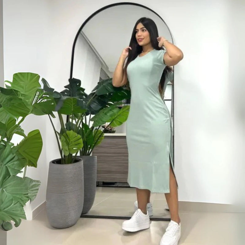 Vestido Rib Midi con Abertura Lateral – Moda Chic y Versátil