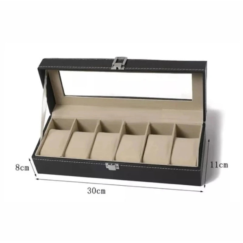 Organizador de Relojes X6 en Cuero Sintético con Tapa de Cristal