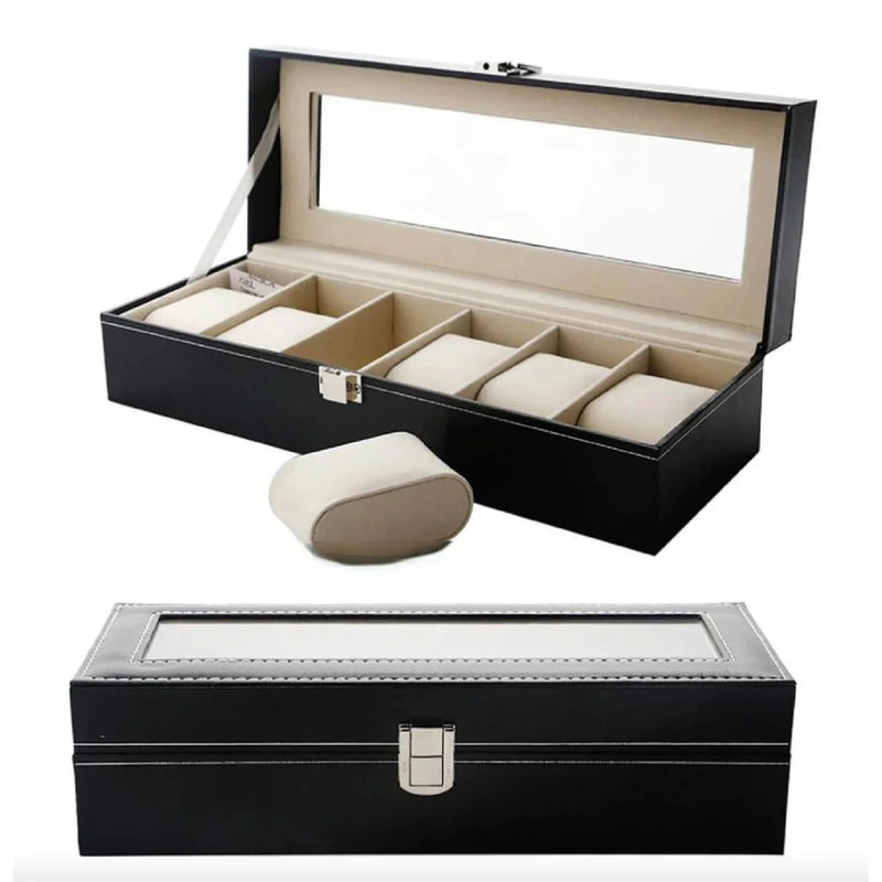 Organizador de Relojes X6 en Cuero Sintético con Tapa de Cristal