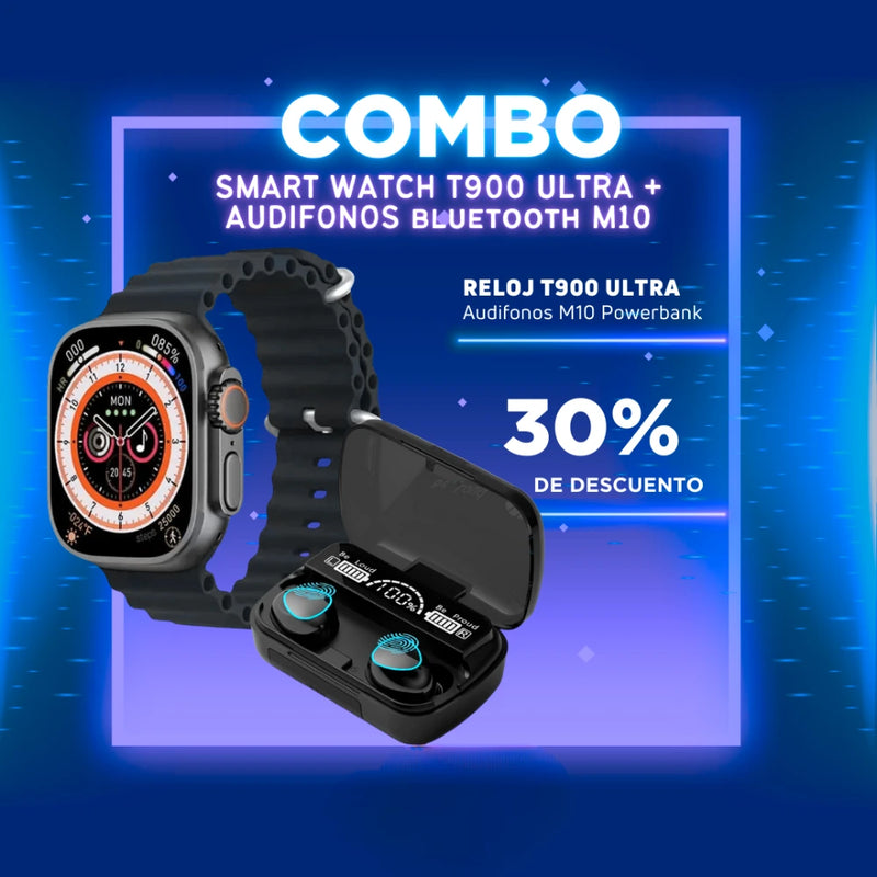Combo Smartwatch T900 Ultra y Audífonos M10 para Deportistas