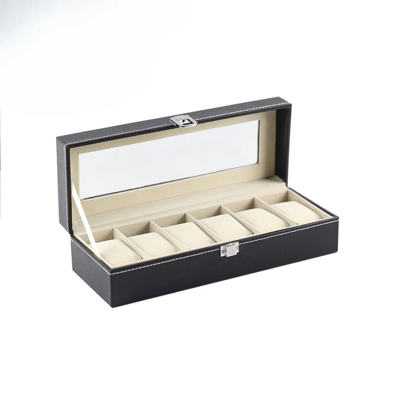 Organizador de Relojes X6 en Cuero Sintético con Tapa de Cristal