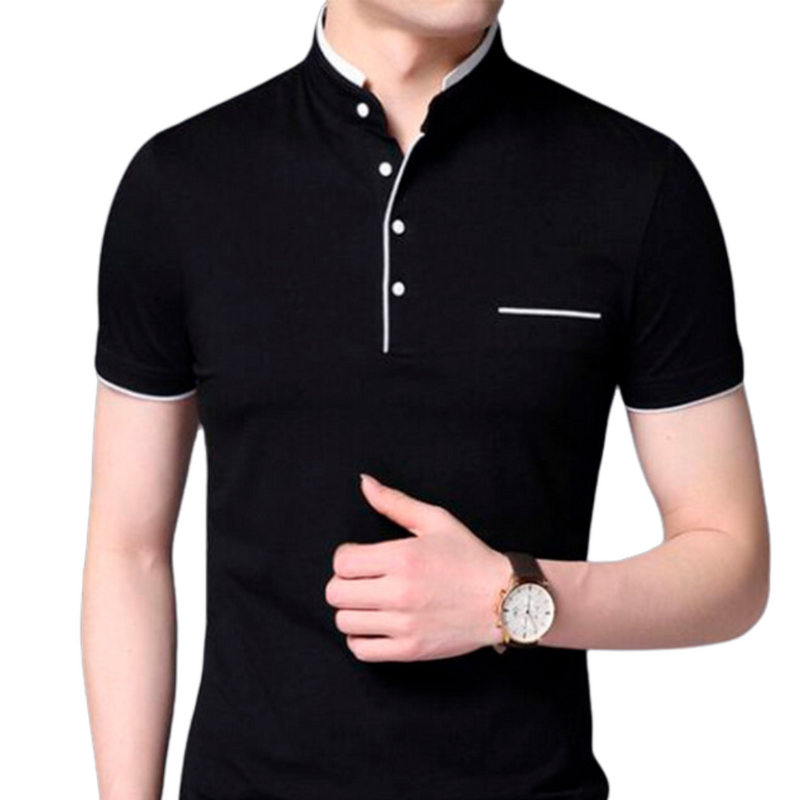 Camisa Buzo Polo Hombre Manga Corta Negro Cuello Neru Coreano - 100% Algodón Peruano Premium