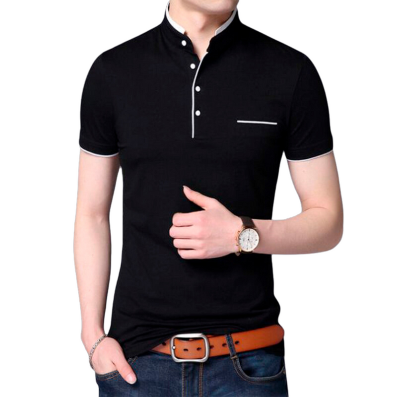 Camisa Buzo Polo Hombre Manga Corta Negro Cuello Neru Coreano - 100% Algodón Peruano Premium