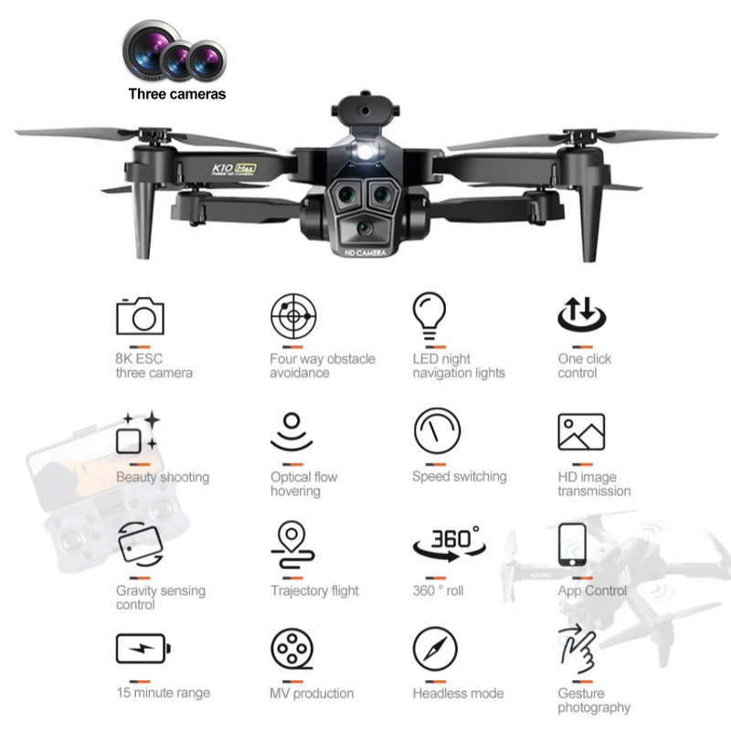 Drone Inteligente K10 Max Wifi 2.4g: 3 Cámara 4K HD y Sensor De Obstáculos