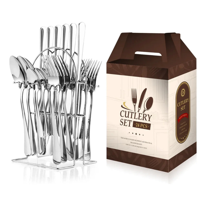 Juego de Cubiertos de 24 Piezas en Acero Inoxidable, Color Plateado, Elegante