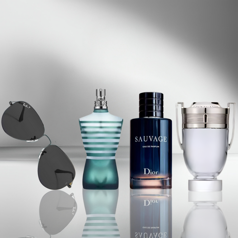Súper Combo Perfume Masculino Premium: Sauvage, Invictus, Le Male Jean Paul + Gafas Aviador