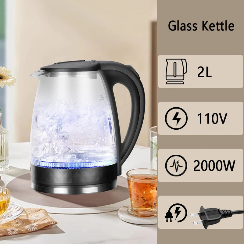 Hervidor Eléctrico de Agua y Cafetera 2L 2000W Libre de BPA con Vidrio de Borosilicato